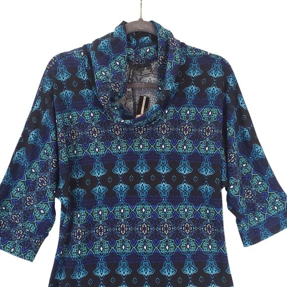 New Direction Blue Geo Print Cowl Neck Top Sz M NWT Preppy Casual Office Career - Picture 3 of 9